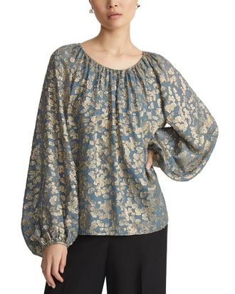 Lafayette 148 New York Gathered Neck Balloon Sleeve Silk-Blend Blouse