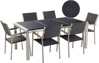 Beliani 6 Seater Garden Dining Set Triple Black Granite Top Black Rattan Chairs Grosseto