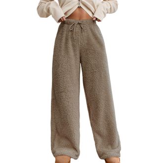 Generic Womens Fuzzy Fleece Pants High Elastic Waistband Drawstring Straight Wide Leg Sweatpants Warm Winter Cozy Soft Bottoms Casual Pants Beige