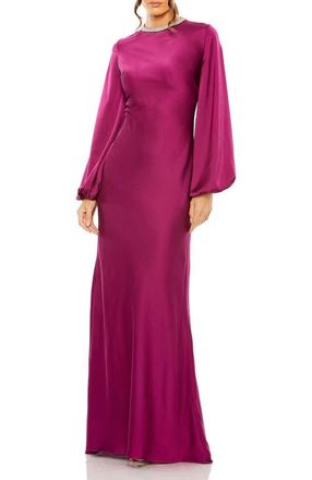 Mac Duggal Beaded High Neck Bishop Sleeve Satin Gown in Berry at Nordstrom, Size 14