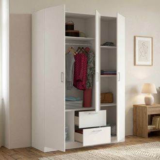Dmora Armario Argentella, Perchero Para Dormitorio, Armario Con 3 Puertas Batientes Y 2 Cajones, 150x52h215 Cm, Blanco - Dmora