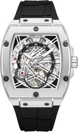 Kenneth Cole Skeleton Tonneau Automatic Silicone Strap Watch, 41.5mm x 53.5mm in Black at Nordstrom