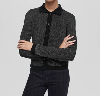 Re/Done Lurex Polo Cardigan In Black/silver