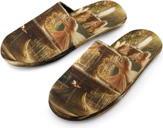 Generic Fairies Playing Ornate Fountain Mens Cotton Slippers Memory Foam Comfort House Shoes Winter Indoor Slipper for Hotel Casa Spa