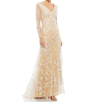 Mac Duggal Illusion Sleeves Floral Dress In Ivory/nude