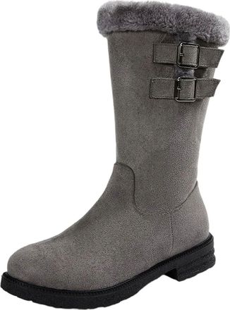 Generic Gray Feminine Fashionable Plus Velvet Warm Snow Boots Adorned with Round Toe and Side Zipper Low Heel Mid-Calf