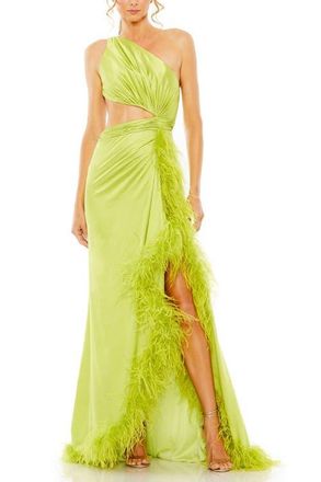 Mac Duggal One Shoulder Feather Lined High Slit Gown in Lime at Nordstrom, Size 12