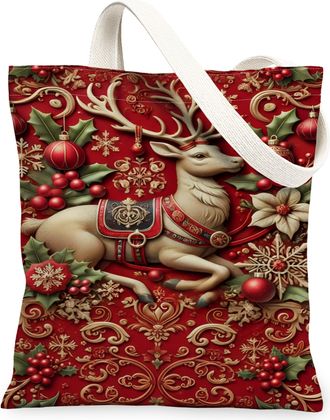 Generic Christmas Deer Canvas Tote Bag, Holiday Floral Pattern Reusable Grocery Bags, Vintage Elegant Lightweight Washable Shoulder, Red, 13x15 Inch