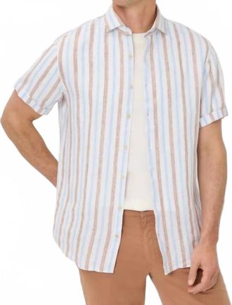 Brax Hardy Linen Mix Short Sleeved Shirt In Beige/ Light Blue Stripe