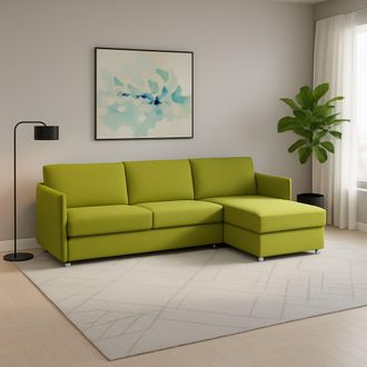 Dmora Sof&aacute; Fijo Con Chaise Longue Posina, Desenfundable, Reversible Made In Italy, Hidr&oacute;fugo Multiposici&oacute;n, 260x160 Cm Verde