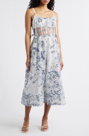 En Saison Cyrus Floral Sheer Waist Midi Dress in White Navy at Nordstrom, Size X-Small