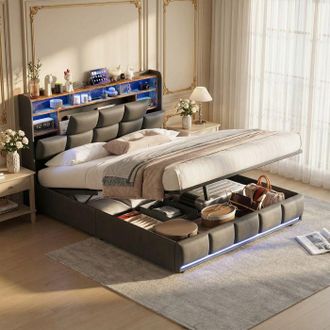 OEM Cama Lit 140x190 Negra - Cabecera De Pu Con Usb Y Led Regulable, Somier De Lamas Para 2 Plazas