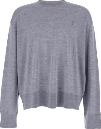 Ami Grey Crew Neck Sweater With Embroidered Logo On The Front In Wool Man
