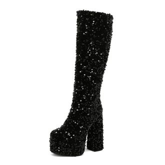Generic Womens Sparkly Sequins Chunky Platform Knee High Boots Pull On Wide Calf Fashion Catwalk Party Dress Shoes (Black,5.5)