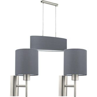 Loops Ceiling Pendant Light & 2x Matching Wall Lights Satin Nickel Grey Fabric Linear in Metallics