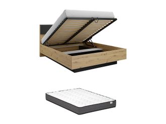 Vente-Unique Cama con arc&oacute;n con mesitas de noche 160 x 200 cm - Con luces LED - Color: Natural y negro + Colch&oacute;n - ARIADA