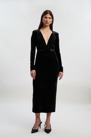 Karen Millen Womens Stretch Velvet Taping Detail Mesh Plunge Neck Cut Out Back Midi Dress - Black Nylon - Size X-Small