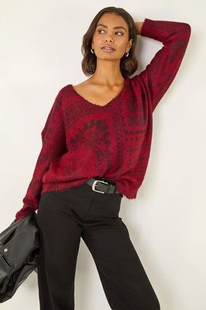 Roman Abstract Jacquard V-Neck Jumper