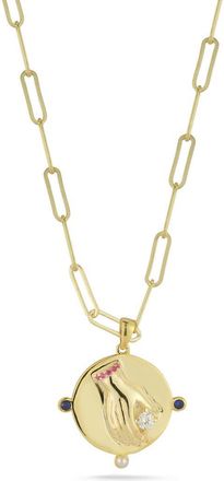 Sphera Milano Cubic Zirconia & Cultured Pearl Medallion Pendant Necklace in Gold at Nordstrom Rack