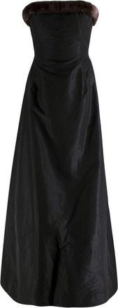 Oscar De La Renta Black Nylon Strapless Gown with Mink Trim Size S