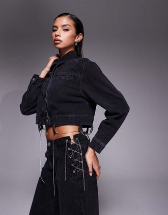 Liquor & Poker Giacca di jeans squadrata nera con catenina in coordinato-Nero