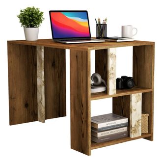 Dmora Dmora - Escritorio Schedar, Escritorio Multiusos, Mesa De Oficina Para Pc, El Plan De Trabajo, 120x60h75 Cm, Nogal Y M&aacute;rmol Blanco, Con Embalaje Refor