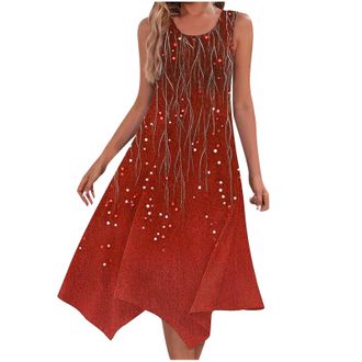 Generic Women Casual Summer Dress Tie Dye Sleeveless Sundress Hankerchief Hem Midi Dresses Beach Tank Dress with Pockets Red