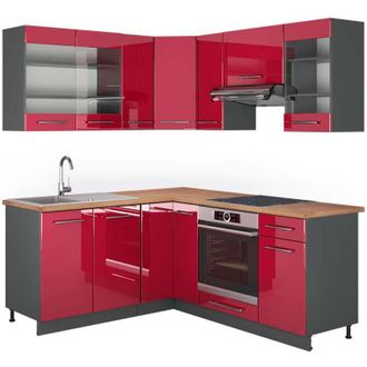 Vicco Cocina Esquinera Fame-line, Burdeos Brillo Intenso/antracita, 160 X 190 Cm, Et Roble