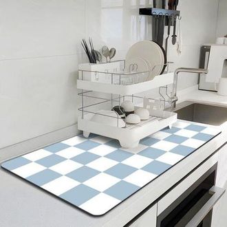 OEM Tapete Para Secar Platos De Cocina, Tapete Para Caf&eacute; A Cuadros, Tapete Absorbente, Azul