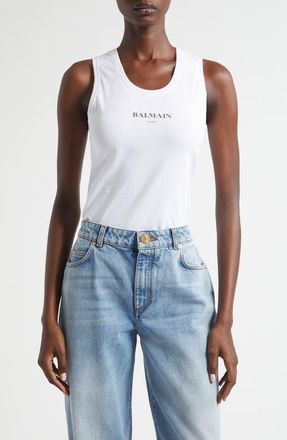 Balmain Logo Graphic Tank in White/Black at Nordstrom, Size X-Small