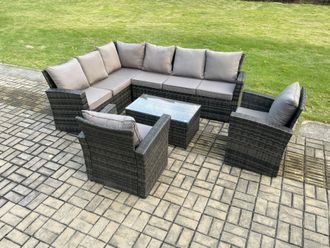 Fimous 8 Seater High Back Outdoor Garden Furniture Set Rattan Corner Sofa Set With 2 Armchairs Dark Grey Mixed