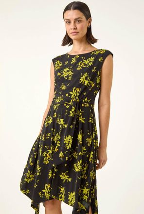 Roman Floral Tie Waist Hanky Hem Dress
