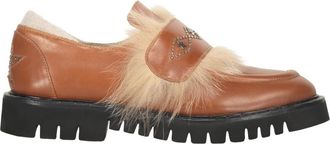 Lorena Antoniazzi Leren loafers met vosbontinzet - Dames - Loafers - Bruin - 39 EU - Leer - Schoenen