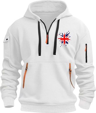Generic Mens Tactical Hoodie Mens Hoodies 1/4 Zip The Union Jack Printed Hoodie Durable Combat Hoodies Retro British Flag Printing Sweatshirt Lightweight Hood
