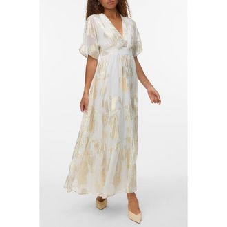 Vero Moda Chili Metallic Ruffle Maxi Dress in Cloud Dancer Detail at Nordstrom Rack, Size X-Small