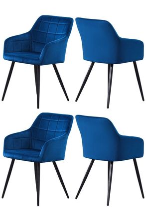 Life Interiors Set of 4 Camden Modern Velvet Dining Chairs with Armrests, Quilted Design & Black Metal Legs in Royal
