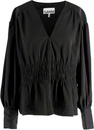 Ganni Black V Neck Ruched Blouse Size S