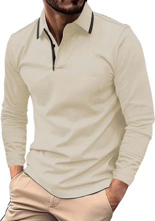 Generic WINWUQB Mens Long Sleeve Polo Shirt Casual Stripe Collar Golf Rugby T-Shirt Fashion Work Sports Top Regular Fit Autumn Outdoor Polos (Y1-1-Beige,L)