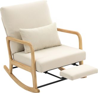 OEM Silla Mecedora N&oacute;rdica Con Reposapi&eacute;s Respaldo Ajustable Mecedora De Pana Patas De Madera Y Reposabrazos Coj&iacute;n Crema