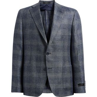 Vince Icon Relaxed Fit Navy Plaid Slub Linen & Wool Sport Coat in Denim at Nordstrom, Size 38 Regular