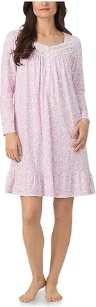 Eileen West Cotton Knit Long Sleeve Short Nightgown Womens Clothing Pink Ground Rosebud : XL