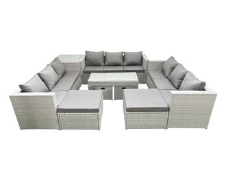 Fimous Outdoor Rattan Garden Furniture Set with Grey Cushions Luxury 13 Seater with Coffee Table & Side Table For Conservatory, Patio in Light Grey