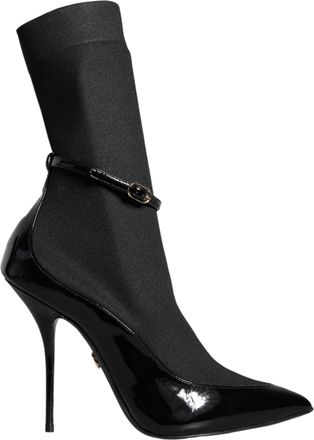 Dolce & Gabbana Black Leather Stilettos Booties Socks Womens Shoes