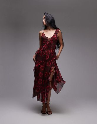 Topshop maxi slip dress with frills in oxblood floral-Red