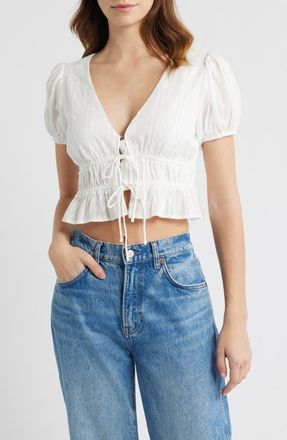 All in Favor Smocked Tie Front Crop Top in White at Nordstrom, Size X-Large