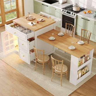 Merax Extendable Kitchen Island Bar Table with LED Light & Storage in White