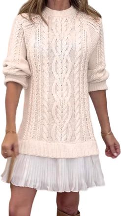 Generic Women Crewneck Cable Knit Sweater Mini Dress, 2025 New Casual Long Sleeve Pleated Mini Dress Chiffon Patchwork (White,L)
