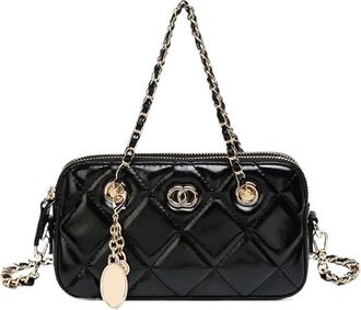 Generic Compatible For Embroidered Diamond Pattern Mini Bag Womens Chain Crossbody Single Shoulder Handbag Small Square(Black)