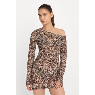 Good American Womens Print Mesh Asymmetric long Sleeve Shirt Mini Dress | Lucky Leopard Size Medium | Good American by Khlo&Egrave; Kardashian