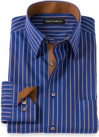 Paul Fredrick Tailored Fit Comfort Stretch Non-iron Stripe Dress Shirt With Contrast Trim